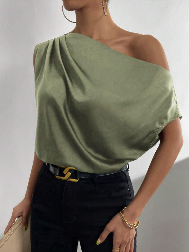 Spring Solid Color Satin Artificial Silk Irregular Asymmetric Shoulder off Shoulder Pullover Sleeveless Shirt Women Clothing