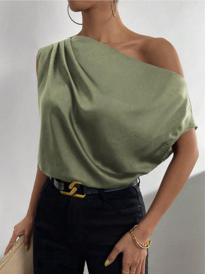 Spring Solid Color Satin Artificial Silk Irregular Asymmetric Shoulder off Shoulder Pullover Sleeveless Shirt Women Clothing