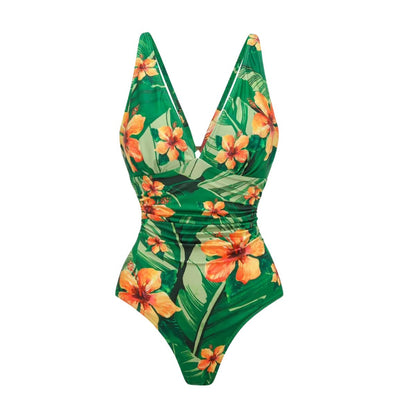 Swimsuit Green One Shoulder Ruffled Design One Piece Swimsuit Women