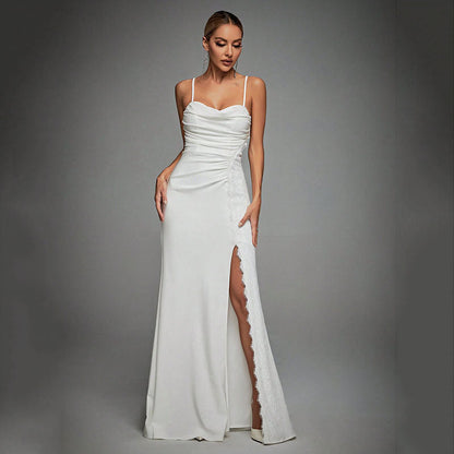 Camisole Evening Dress Tube Top Pleated Slit Satin Dress Sexy Slim Hip Dress Spring