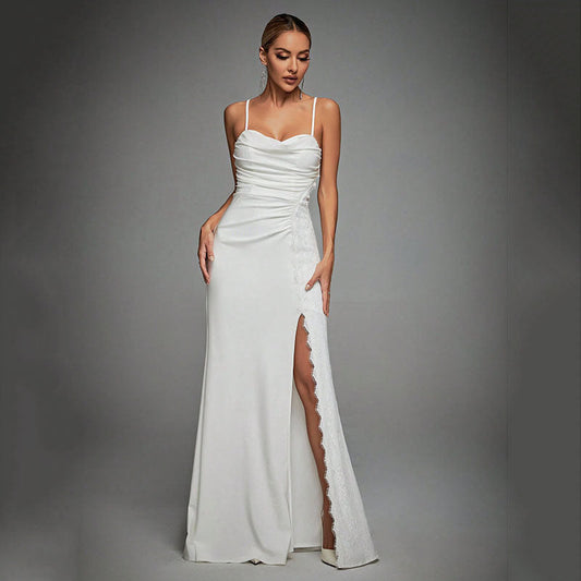 Camisole Evening Dress Tube Top Pleated Slit Satin Dress Sexy Slim Hip Dress Spring