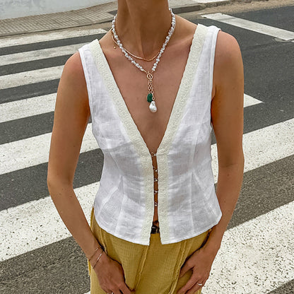 Summer Pure Cotton Stitching Lace Cardigan Sleeveless Top French Simple Comfortable Vest Jacket Women