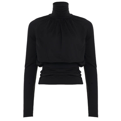 Dark Sexy Black with High Collar Long Sleeve Casual Top Short Waist Controlled Slimming Long Sleeve T shirt Women Autumn