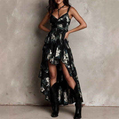 Elegant Printed Dress Sexy Strap Irregular Asymmetric Dress Beach Dress