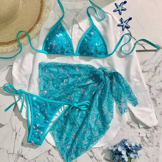 Summer Women Blue Sequined Spaghetti Strap Halter Holiday Sexy Beach Three Piece Bikini Swimsuit