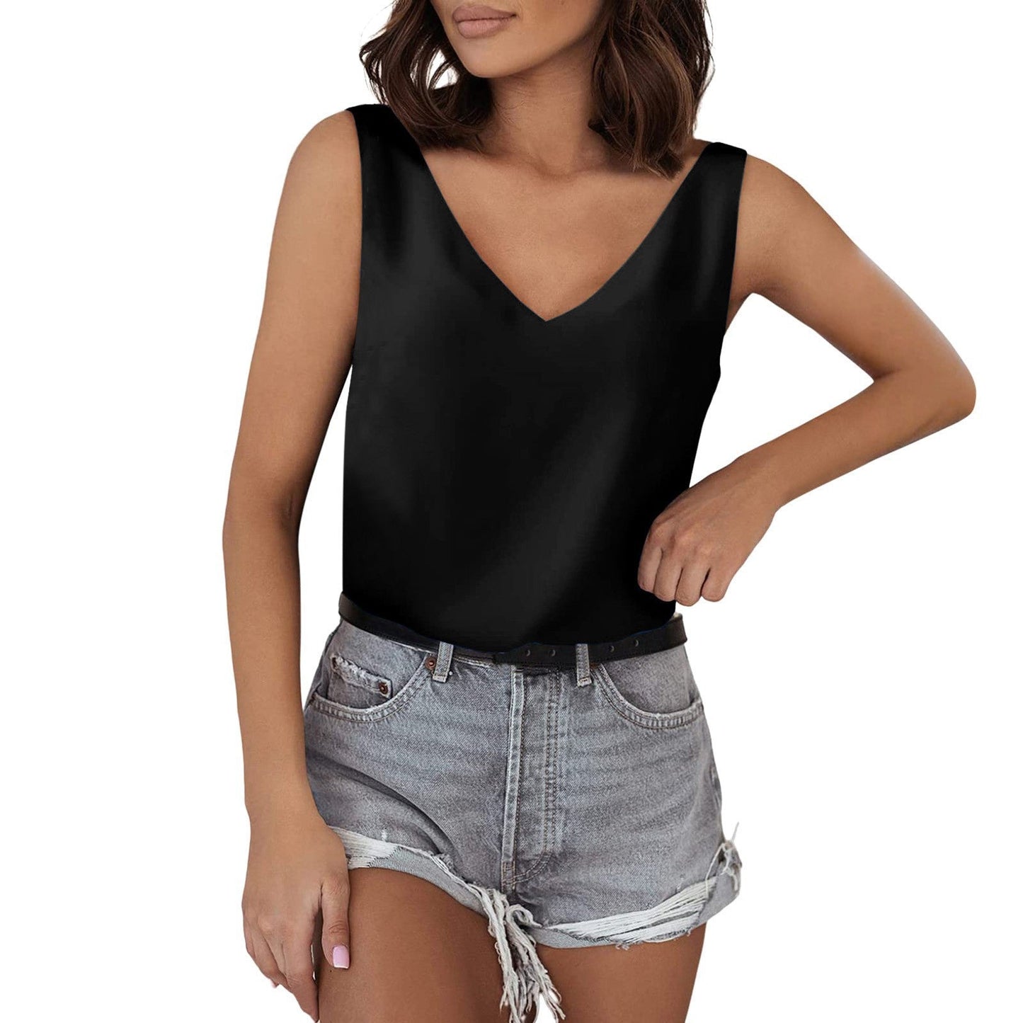 Solid Color Satin Vest V neck Casual Camisole Sleeveless Shirt Summer Basic