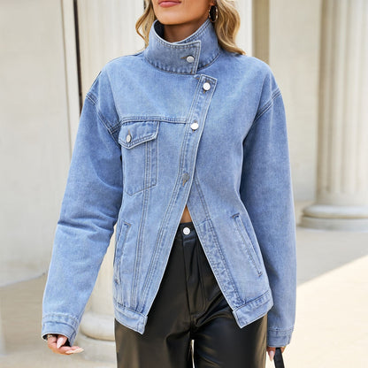 Asymmetric Oblique Placket Metal Buckle Multi Pocket Drop Shoulder Washed Denim Jacket Women