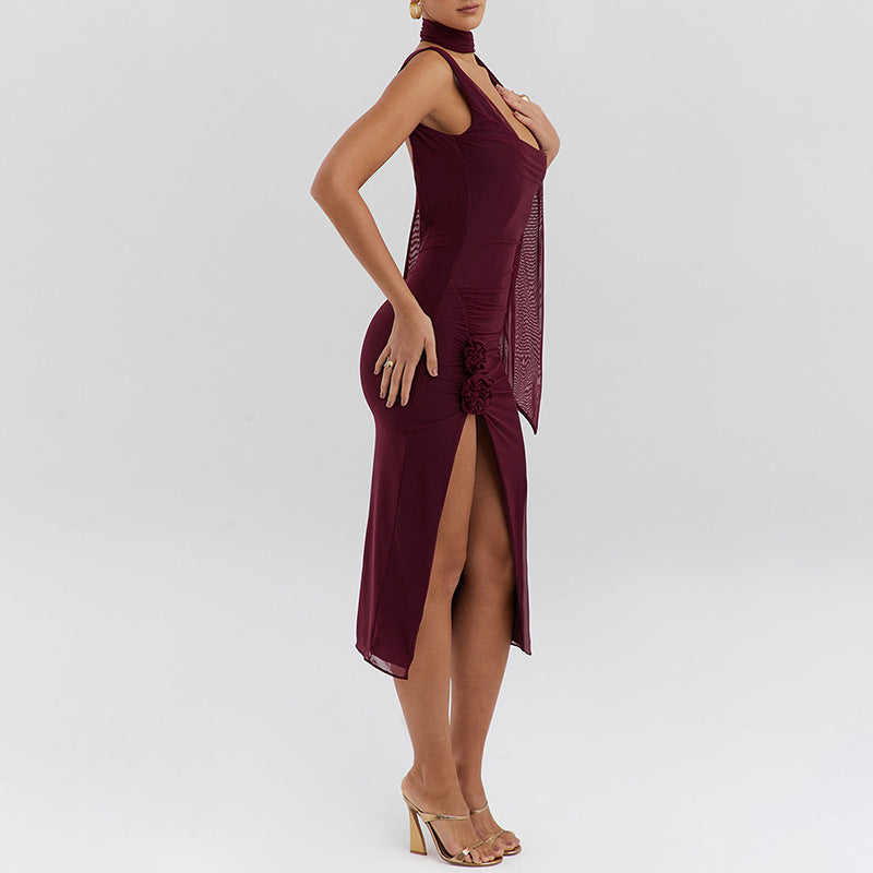 Sexy Trend Mesh Stitching Swing Collar Sleeveless Split Backless Hip Dress
