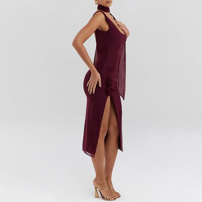 Sexy Trend Mesh Stitching Swing Collar Sleeveless Split Backless Hip Dress