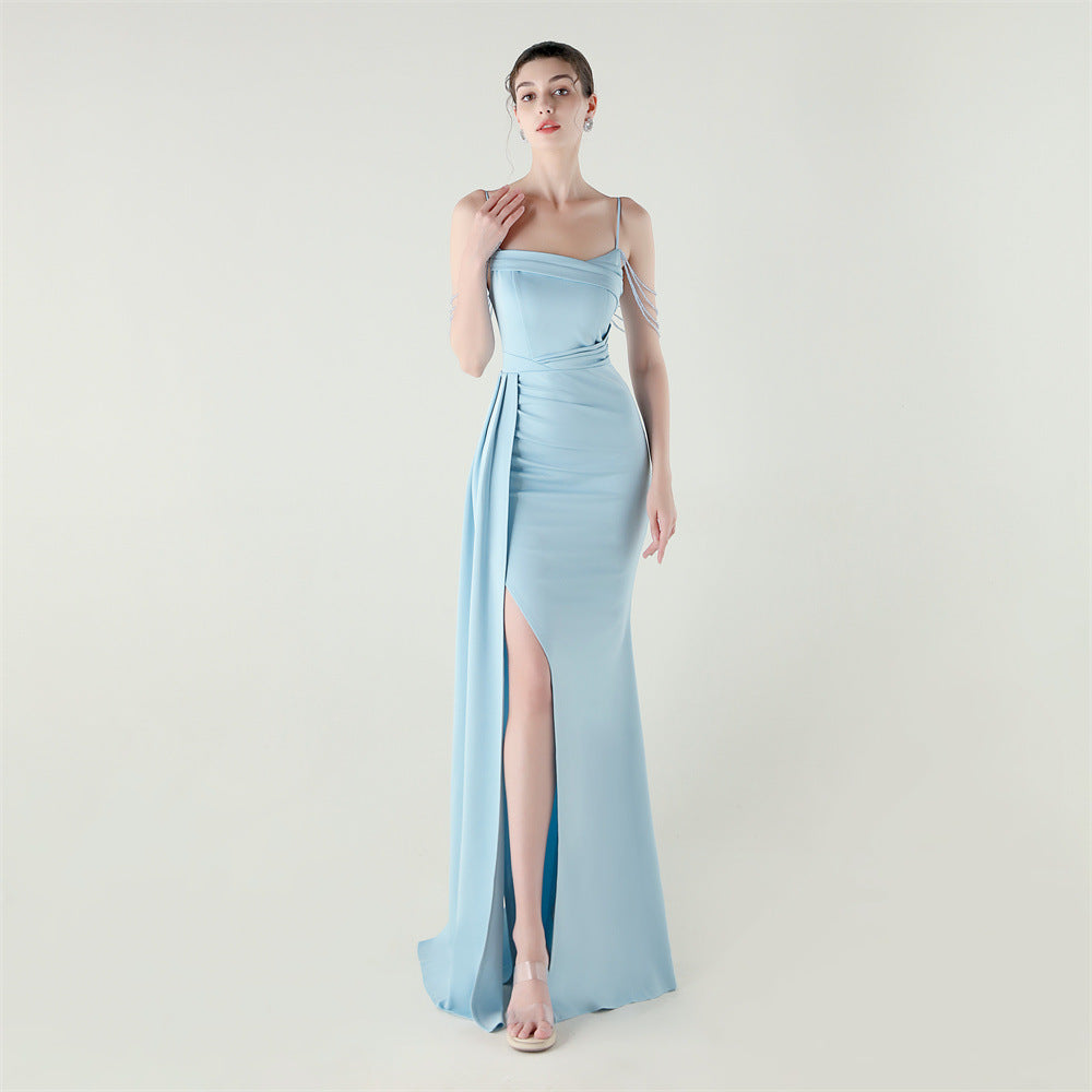 Bandeau Sling Satin Craft Beaded Chain Fishtail Evening Dress Dinner Wedding Ball