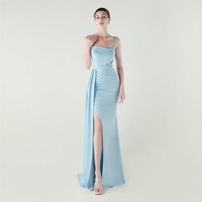 Bandeau Sling Satin Craft Beaded Chain Fishtail Evening Dress Dinner Wedding Ball