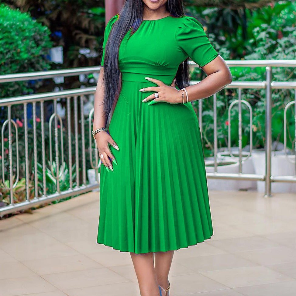Summer Short Sleeve Pleated Solid Color Dress
