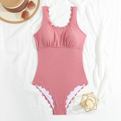 Cut Floral Conservative Solid Color One Piece Swimsuit Women Bikini Swimsuit