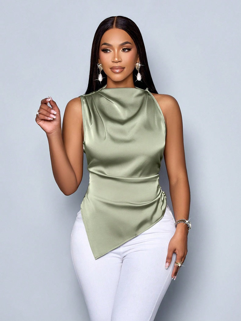 Women Clothing Summer Satin Shirt Women Asymmetric Satin Shirt Women Top