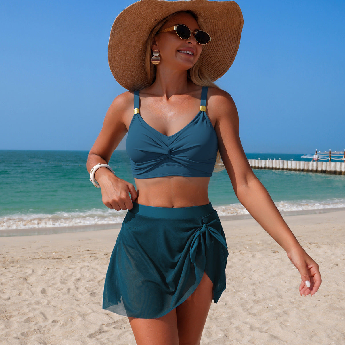 Ladies Split Swimsuit Two Piece Sets Bikini Solid Color High Waist Sexy