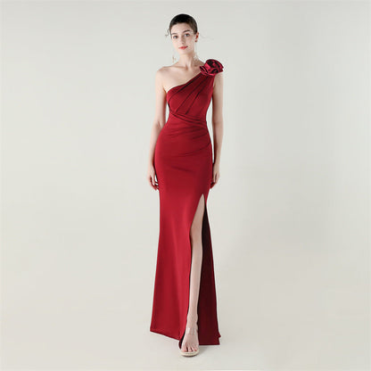 One Shoulder Three Dimensional Floral Satin Folding High Slit Sexy Evening Dress Dinner Wedding Social