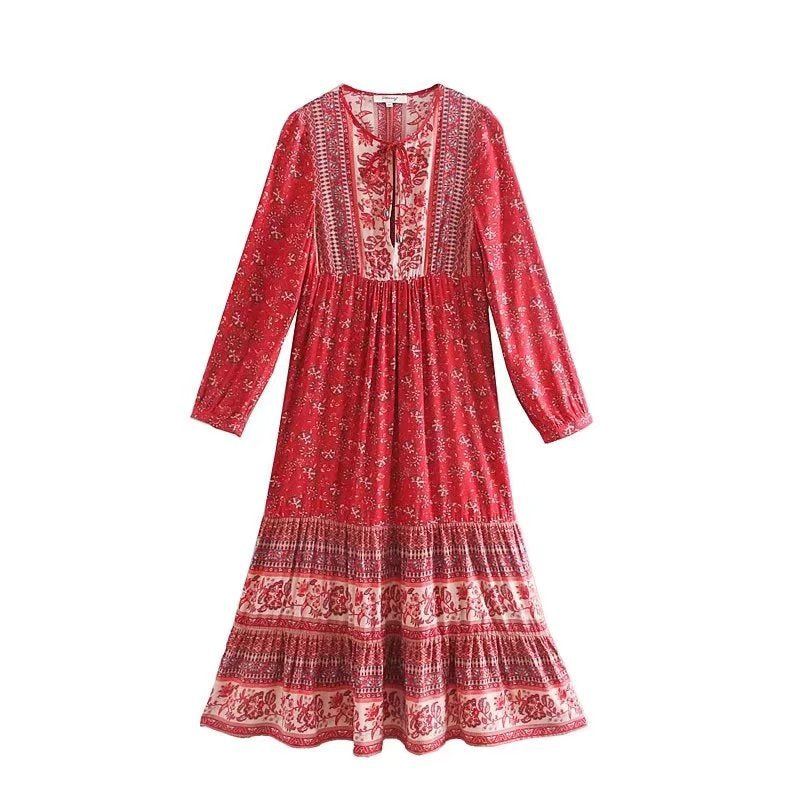 Summer Women Holiday Rayon Positioning Printed Long-Sleeved Dress Long