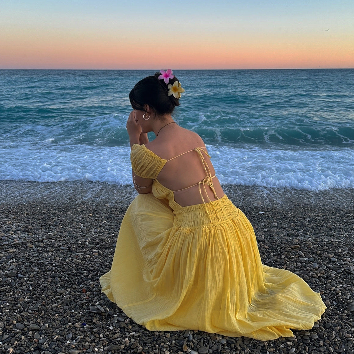 Women Summer Sexy Puff Short Sleeve Square Collar Vacation Backless Dress Women Summer Long Skirt Seaside Atmosphere Dress