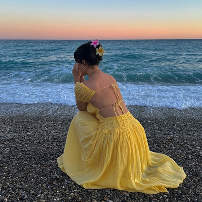 Women Summer Sexy Puff Short Sleeve Square Collar Vacation Backless Dress Women Summer Long Skirt Seaside Atmosphere Dress