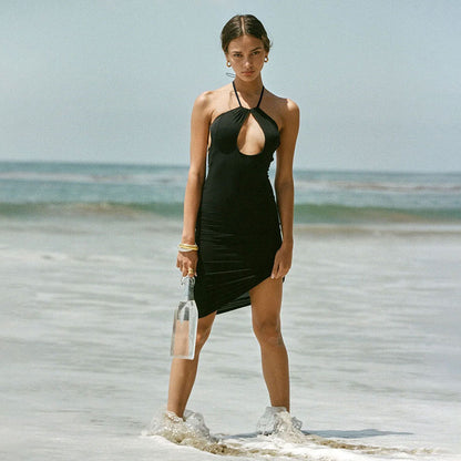 Sexy Hollow Out Cutout-out Halter Dress Women Summer Seaside Beach Backless Slit Slim Fit Niche Sexy Dress