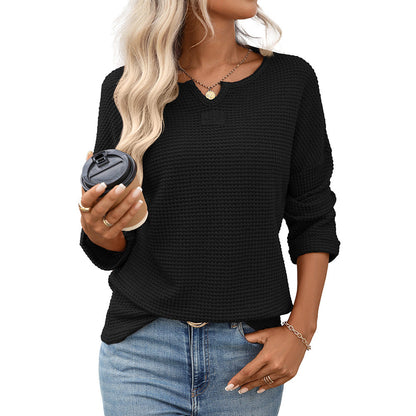 Women Clothing Season Autumn Striped Waffle Knitted Top T shirt Women