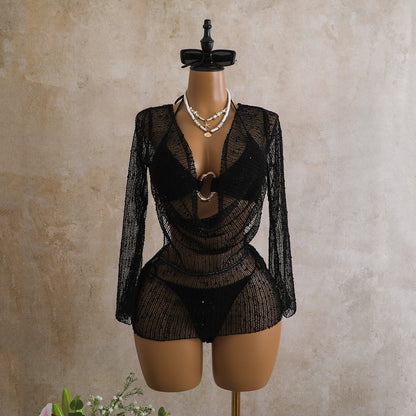 Swing Collar Special Sequ Long Sleeve Mesh Three Piece Swimsuit Bikini