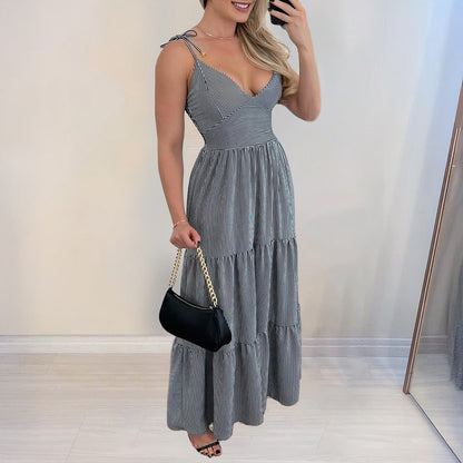 Women Clothing Spring Summer Elegant Striped Tied Dress