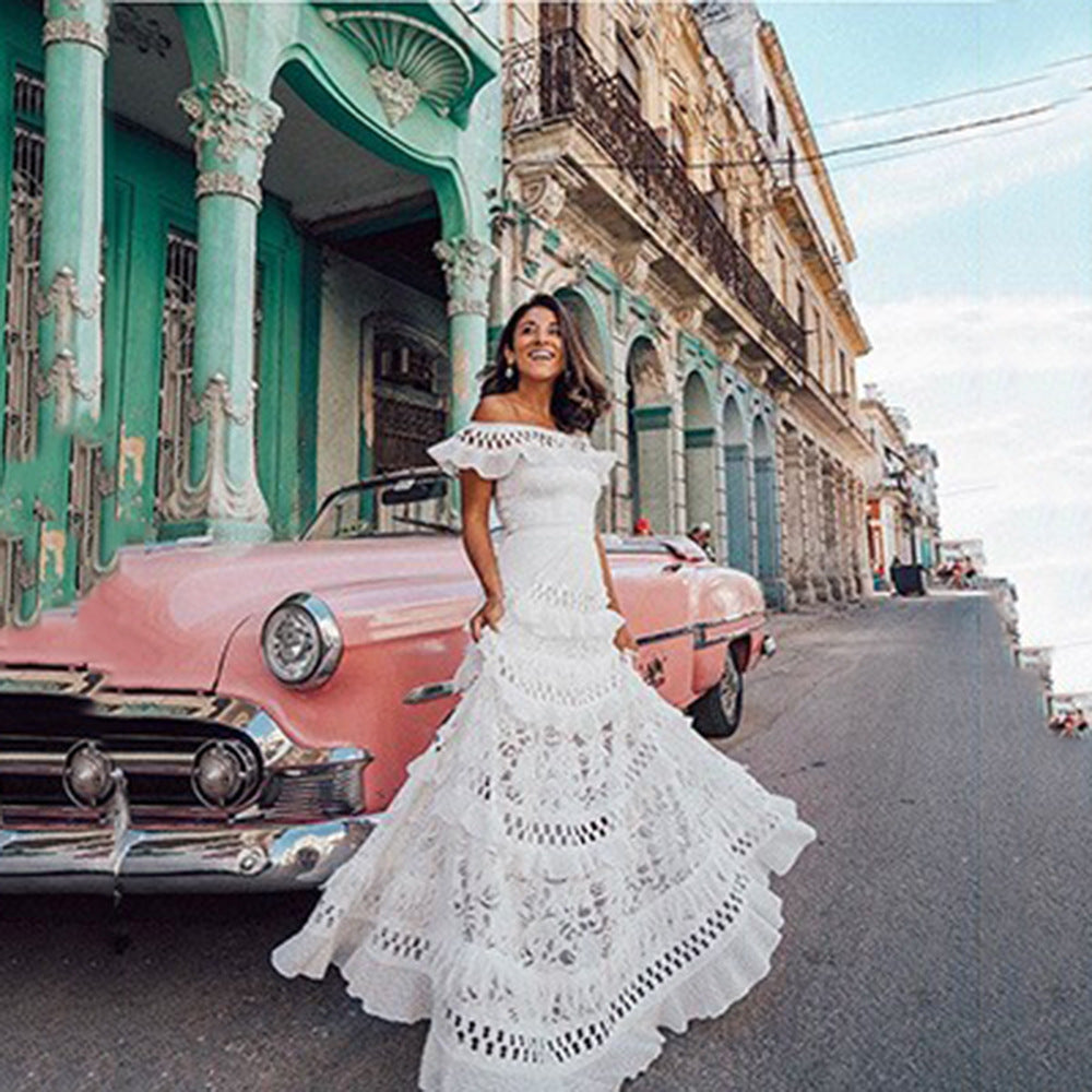 Summer Women Clothing off Shoulder Ruffled Hollow Out Cutout Wide Hem Lace Long Dress
