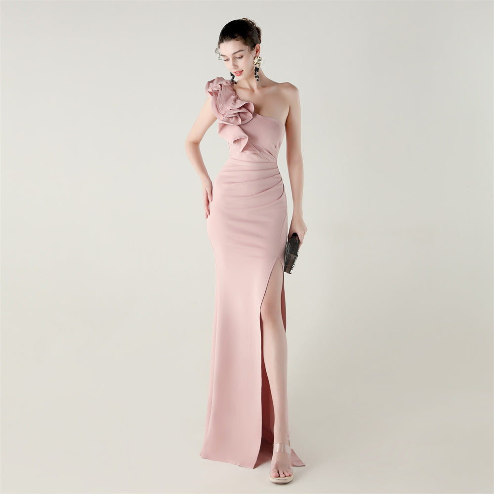 One Shoulder Craft Wave Floral Satin High Slit Sexy Evening Dress Dinner Party Wedding Social