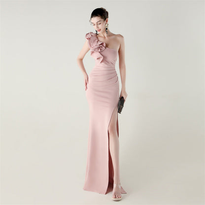 One Shoulder Craft Wave Floral Satin High Slit Sexy Evening Dress Dinner Party Wedding Social