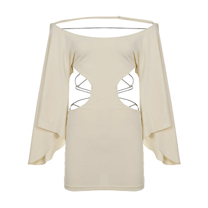 Women Clothing Crossover Lace Up Cutout Off Shoulder Batwing Sleeve Designer Dress