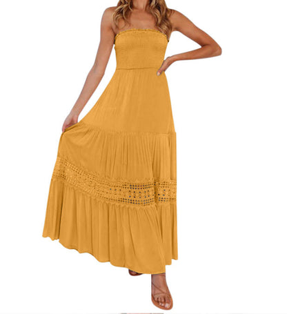 Solid Color Tube Top Hem Long Sleeveless Retro Bohemian Waist Tight Dress
