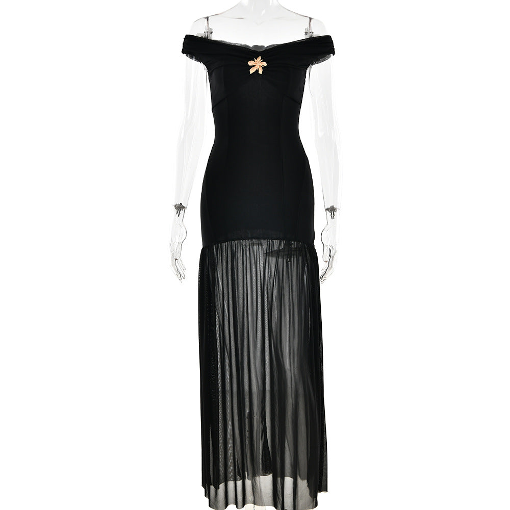 Elegant Tube Top Ladies Dress Sexy Mesh Stitching Backless Pleated Slim Fit Maxi Dress