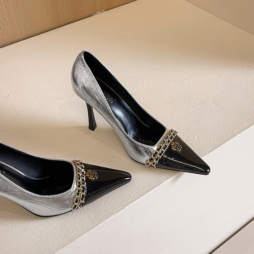 Design Color Matching Metal Chain Super High Heels Stiletto Pointed Toe Camellia Chanel Shoes