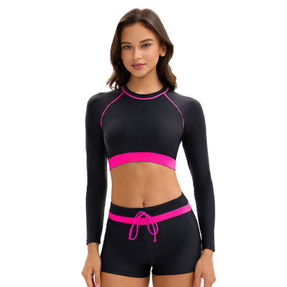 Long Sleeve Women Sports Split Swimsuit Conservative Color Matching Boxer Sun Protection Swimming Set