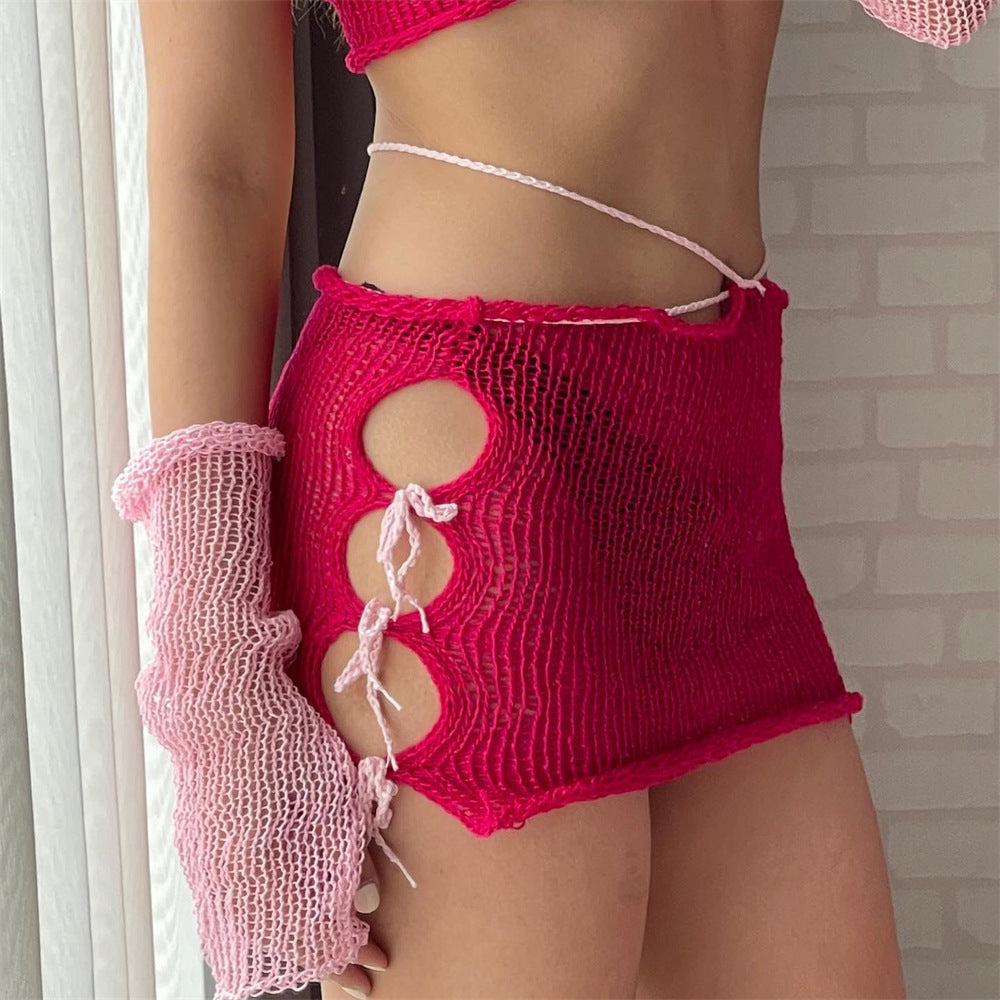 Summer Sexy Pearl Decoration Wrapped Chest Lace up Cutout Hip Skirt Knitting Suit Women