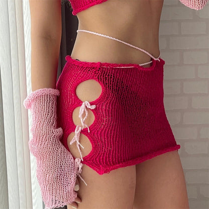 Summer Sexy Pearl Decoration Wrapped Chest Lace up Cutout Hip Skirt Knitting Suit Women