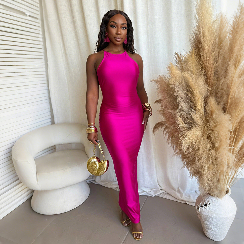 Women Slim Fit Halter Solid Color Long Dress