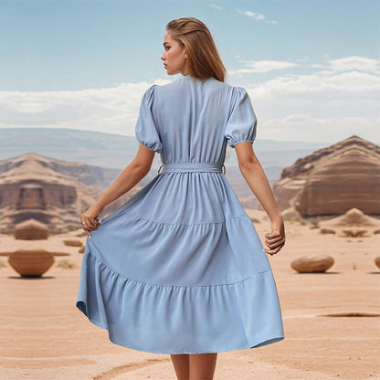 Summer Stand Collar Pleated Mid Length Short Sleeve Office Lace up Dress
