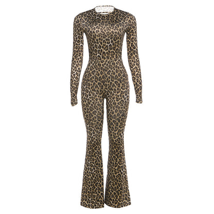 Spring Women Clothes Personality round Neck High Waist Slim Fit Backless Leopard Print Long Sleeve Jumpsuit Women