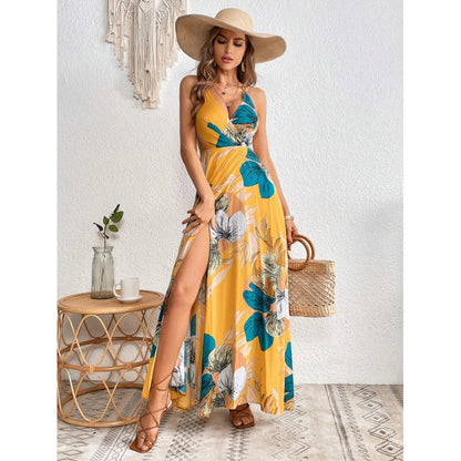 Real Shot Tropical Printing Thigh Fork Sling Dress