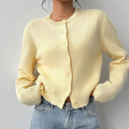 Fashionable Knitted Cardigan Women round Neck Long Sleeve Solid Color Sweater Spring Slim Fit Top