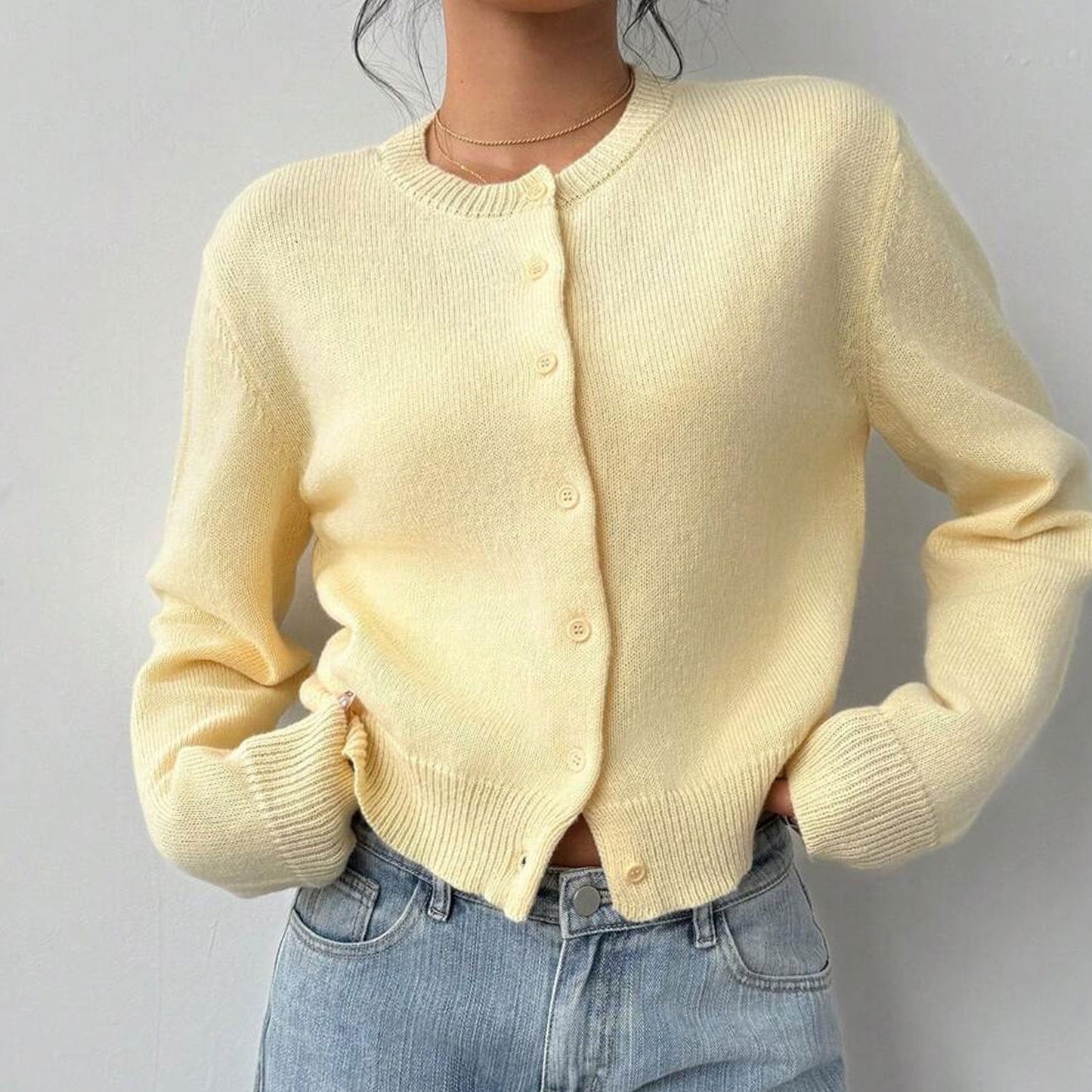 Fashionable Knitted Cardigan Women round Neck Long Sleeve Solid Color Sweater Spring Slim Fit Top
