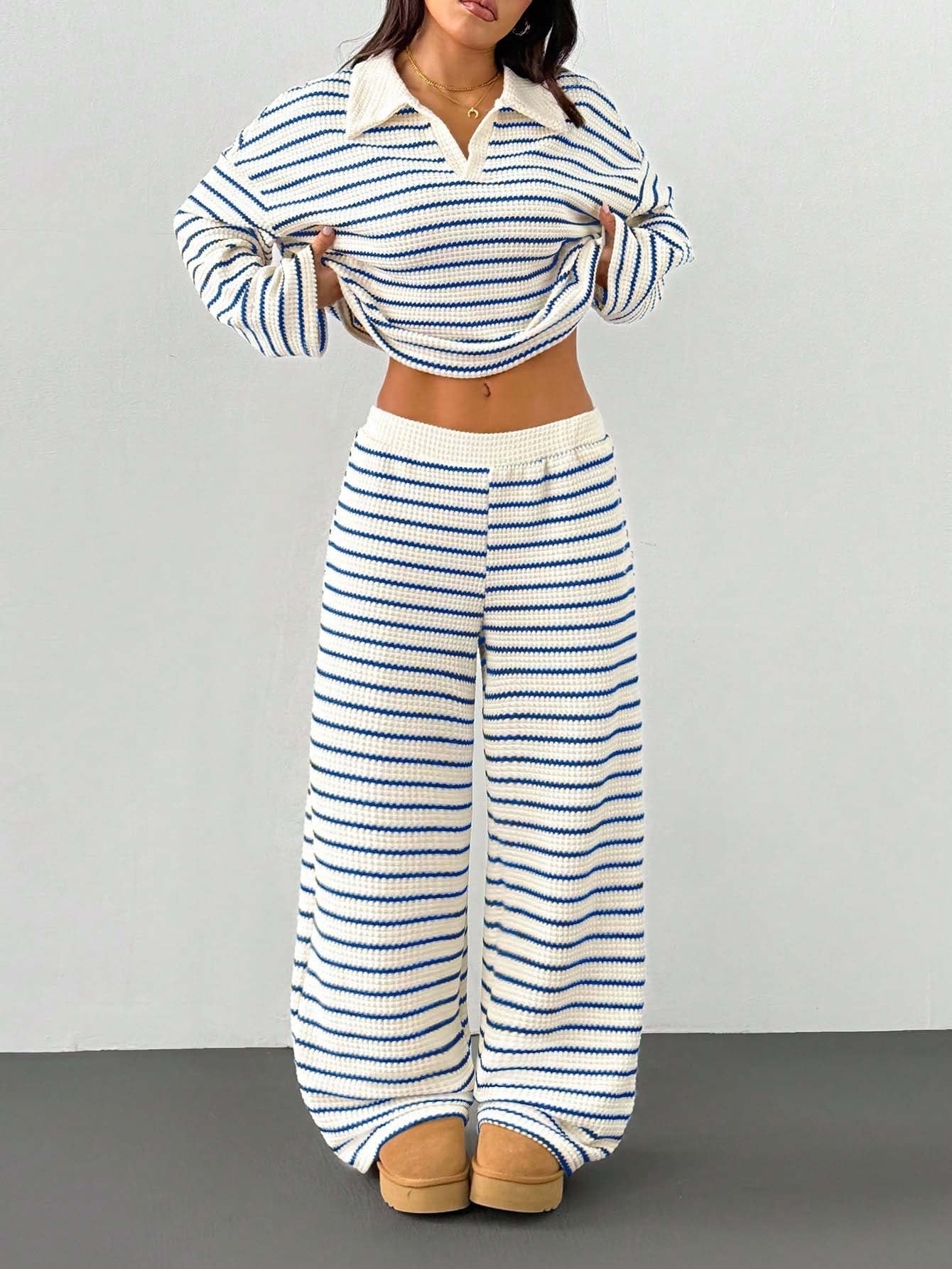 Striped Knitted Contrast Color Lapels V neck Long Sleeved Top Casual Two Piece Sets