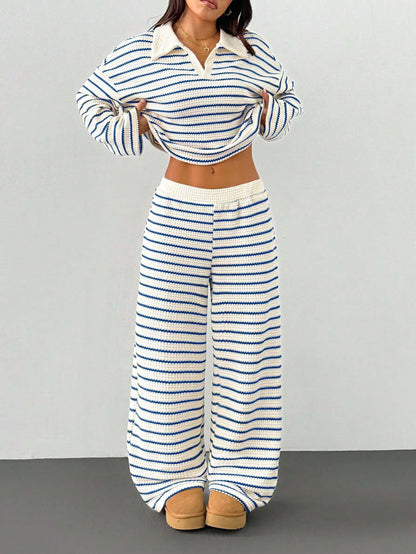 Striped Knitted Contrast Color Lapels V neck Long Sleeved Top Casual Two Piece Sets