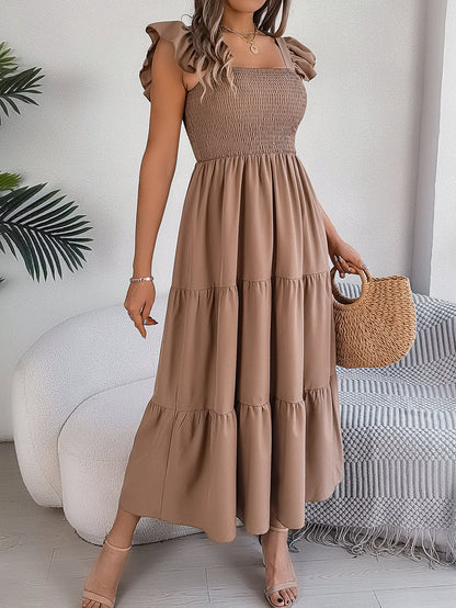 Summer Solid Color Square Collar Wooden Ear Waist A line Dress Women Clothing