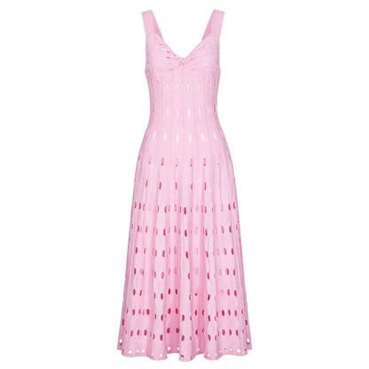 Summer Sleeveless V neck Knitted All Matching Slim Fit Figure Flattering Sleeveless Sling Mid Length Dress