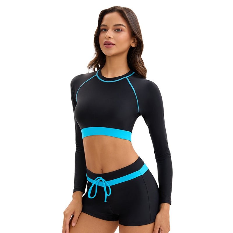 Long Sleeve Women Sports Split Swimsuit Conservative Color Matching Boxer Sun Protection Swimming Set