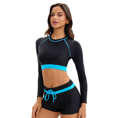 Long Sleeve Women Sports Split Swimsuit Conservative Color Matching Boxer Sun Protection Swimming Set