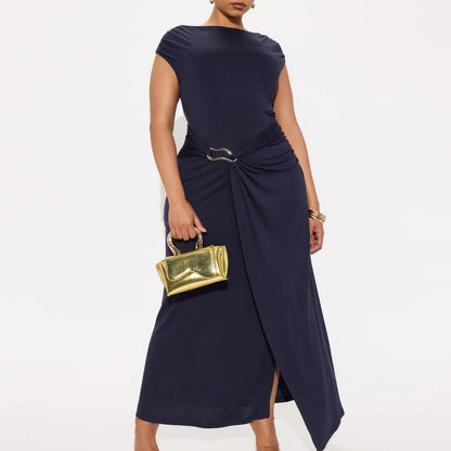 Summer Women Solid Color round Neck Slim Slimming Slit Dress